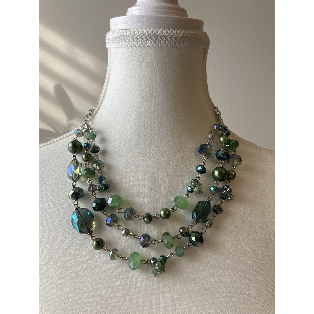 Green Teal Aurora Borealis Necklace Crystal Bead Multi Strand Statement Fairy